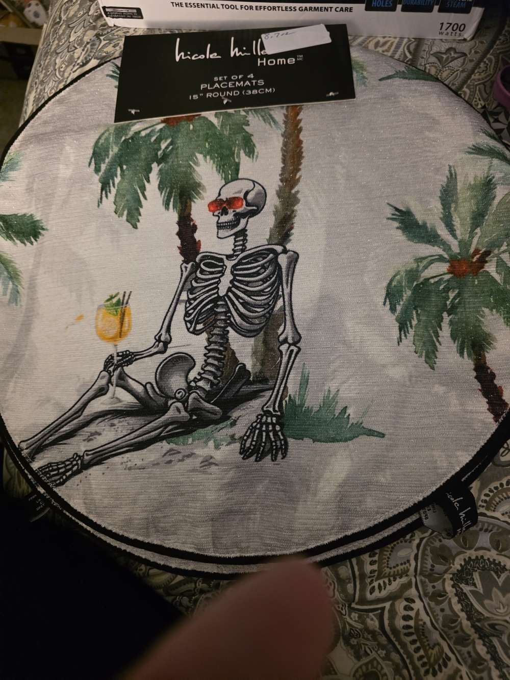 Nicole Miller Skeleton Palm Tree Round Placemat - White, Green, Orange Set Of 4